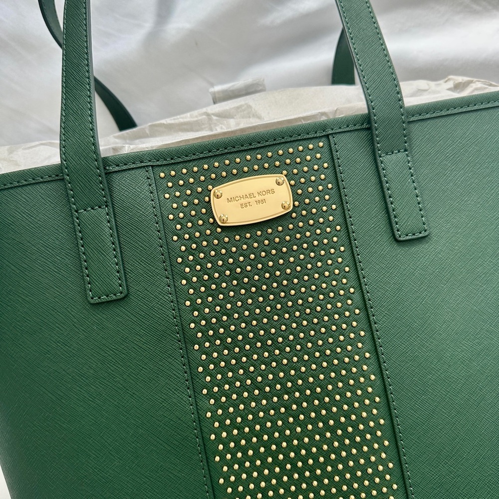 Michael Kors Microstud Center Stripe Small Travel Tote – Moss (NWT) - Picture 2 of 14